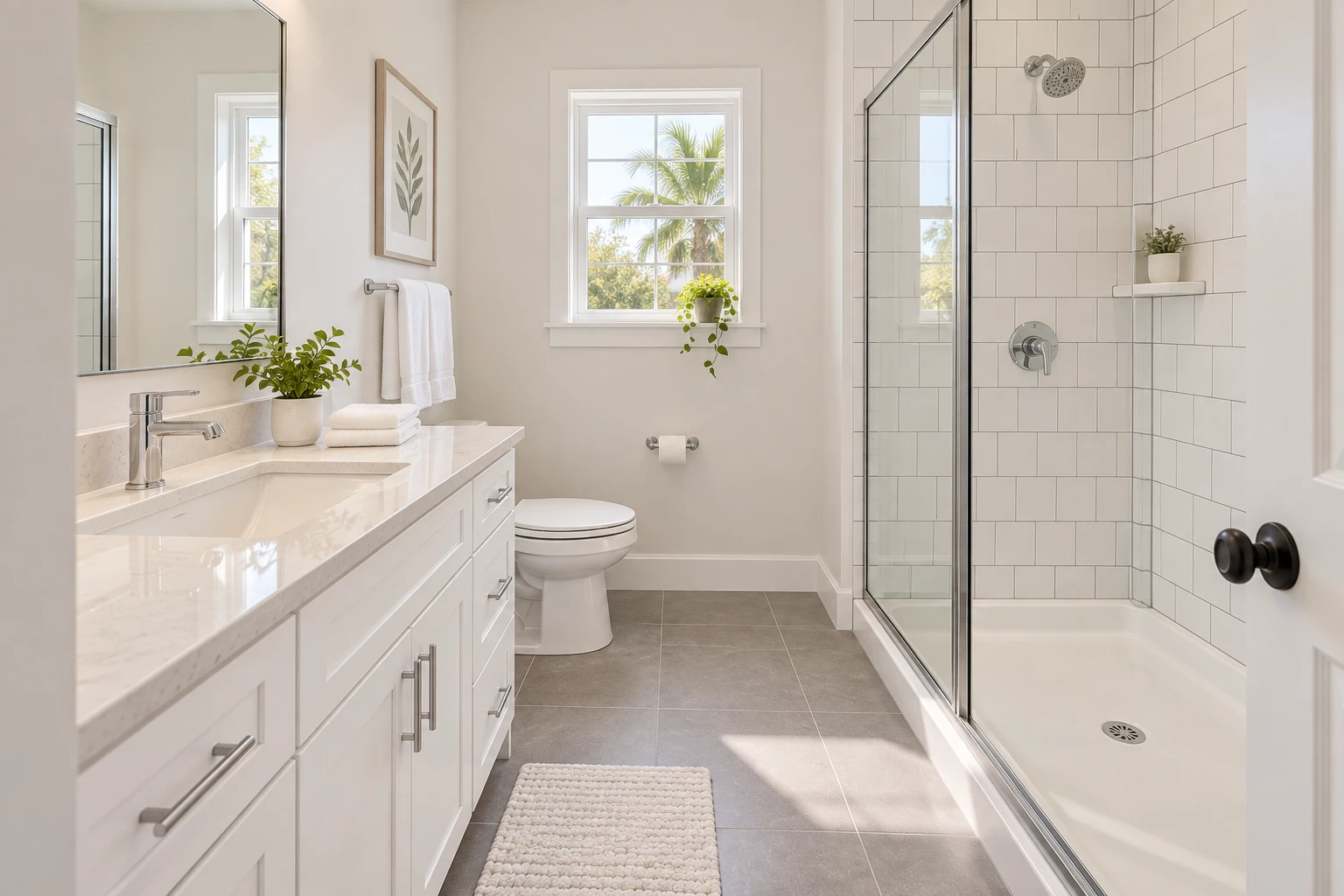 Sunlit bathroom with a glass shower and white vanity