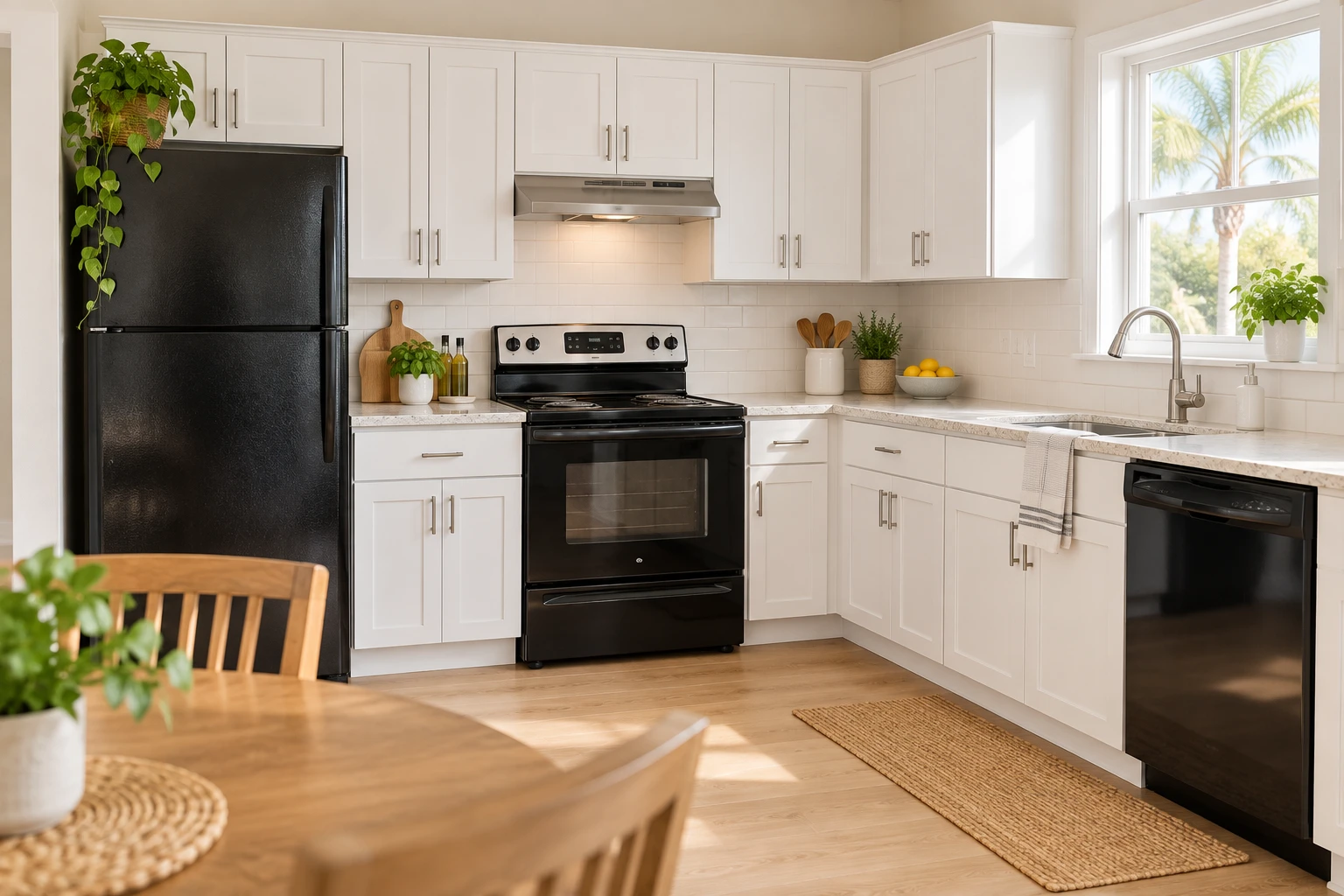 Bright kitchen with white cabinets and black appliances